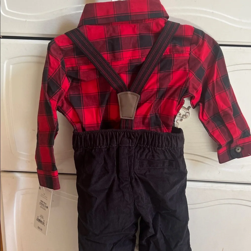 Red Plaid Shirt & Black Suspender Pants Set with bow tie for Kids NWT